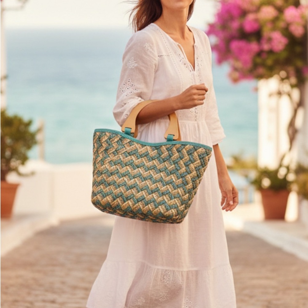 Elegant Woven Tote Bag - Blue and Tan